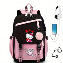 Sanrio Sanrio Hello Kitty Cute Large Capacity Backpack, Student Backpack Simple Casual Backpack With Headphone Jack And Charging Port
