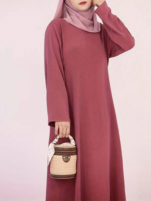 Abito Kaftan a maniche lunghe con scollo a equipaggio, abito lungo elegante monocromatico, abbigliamento da donna