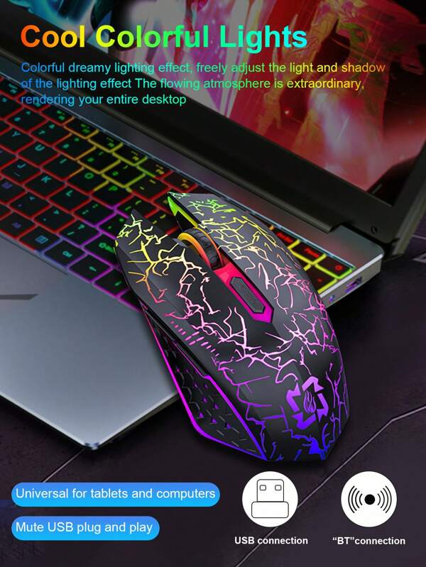 2.4GHz Bluetooth Dual Mode Wireless Game Mouse, Crack Pattern Design, Wireless Mouse With Bluetooth Dual Mode, Silent, Rechargeable Battery, 3-Level DPI Adjustment, Gaming, Office, Laptop, Desktop, Wireless RGB Backlit Mouse