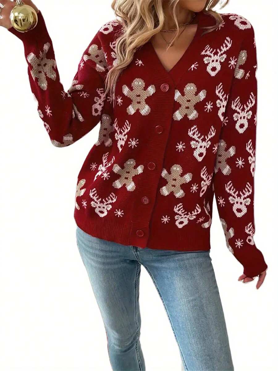 Women Classic Cardigan Ugly Christmas Sweaters V Neck Button Down Long Sleeve Open Front Sweater With Fun Patterns And Animals