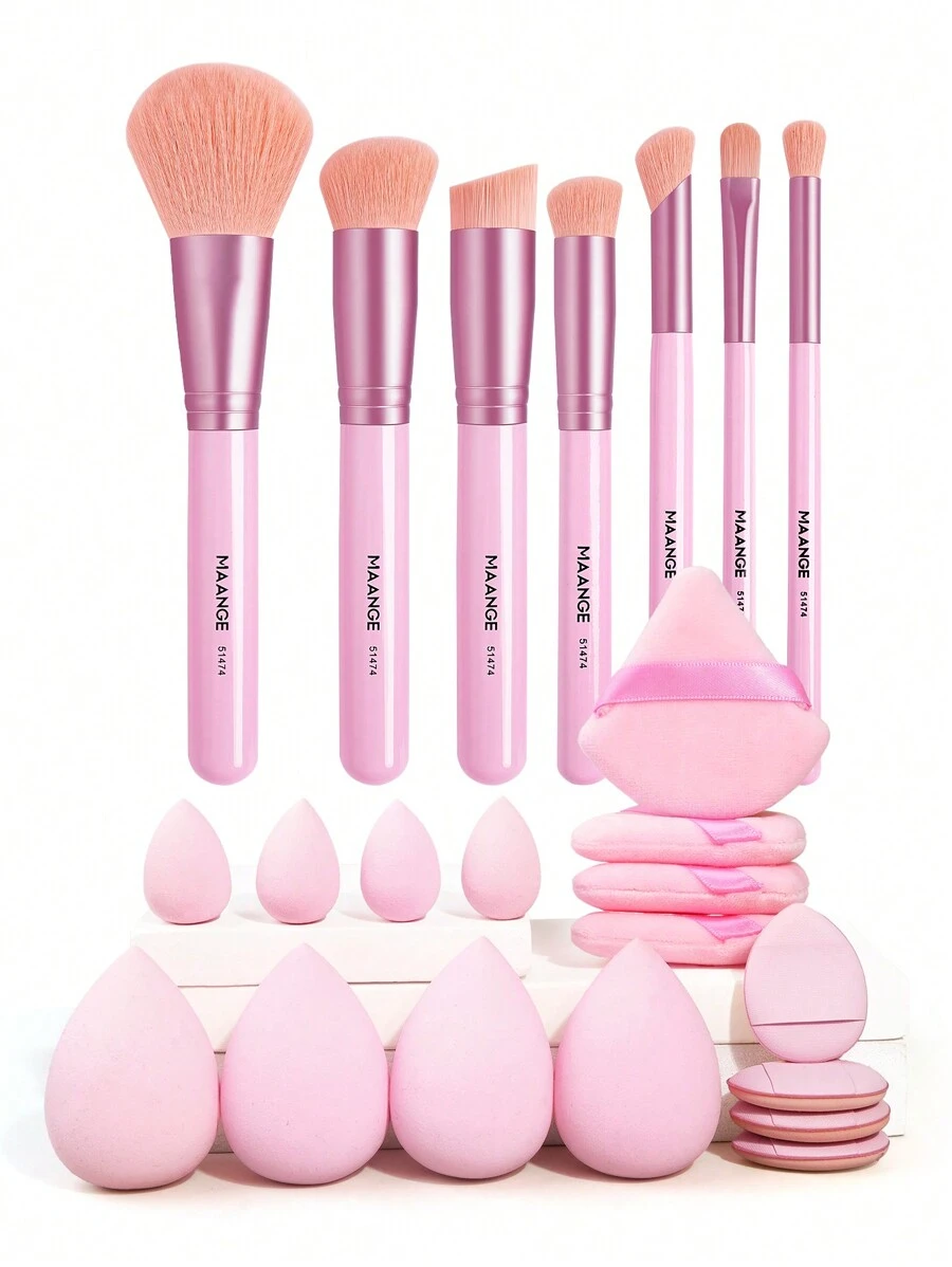 MAANGE 23Pcs Professional Makeup Tool Set With 7pcs Facial Makeup Brushes+16pcs Powder Puff Accessories,Foundation Brush Concealer Brush Powder Brush Contour Brush Eyeshadow Brush Nose Shadow Brush Smudge Brush,Makeup Tools With Soft Fiber And Skin Friendly For Easy Carrying,Brush For Travel,Gift For Women&Girls - 粉色 - 查看 1