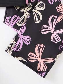 A 2 Pieces Set Of Fashionable Tween Girl Home Clothes, A Casual Purple Bow Printed Round Neck Black Short Sleeved Top Paired With A Black Full Printed Colorful Bow Pattern Straight Leg Pants Set, Suitable For Casual Wear At Home In Spring, Autumn, And Summer