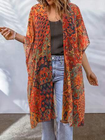 Kimono de talla grande con estampado floral todo sobre, abierto por delante, para vacaciones y playa, atuendo de verano