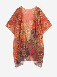 Plus Size Allover Floral Print Cover Up Women Open Front Kimono Vocation Beach Outfits Summer