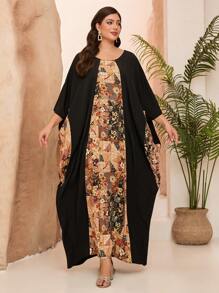 Plus Size Mgiacy-Classy, Nova Chegada, Gola Redonda, Grande Burca Árabe Feminina, Romântico Estampado Contraste, Elegante, Robe