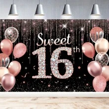 1pc "Happy Birthday" Backdrop Banner, Black/Silver/Rose Gold, Party Decorations For 16th 21st 40th 50th 60th 80th Birthday, Photo Booth Accessories, Glitter Balloon