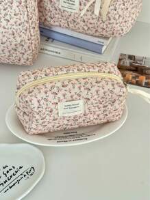 Neceser de maquillaje de terciopelo con estampado floral, bolsa con cremallera de tela con estampado floral, organizador de artículos de tocador de estilo campestre lindo para uso diario, hogar o viaje