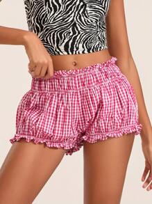 Women Low Rise Shorts Plaid Print Elastic Waist Lounge Shorts Cute Pajama Shorts Shirred Smocked Shorts Frilly Ruffle Trim Shorts Fairycore Aesthetic Streetwea