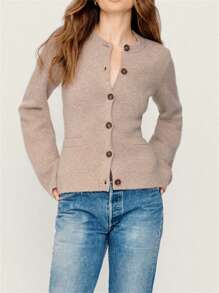Women's Solid Color Cardigan Long Sleeve Crew Neck Button Down Sweater Knit Tops With Pockets - Khaki - View 3