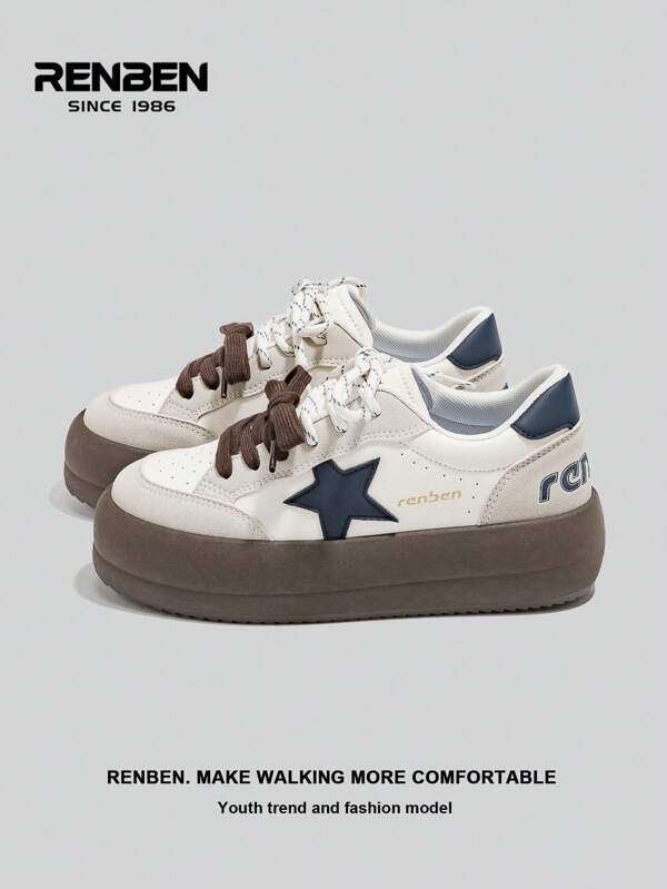 RENBEN 1 par de tenis blancos de suela gruesa para mujeres, zapatos de plataforma versátiles de nuevo estilo de invierno 2024, zapatos casuales de estrella de suela baja para bajitas, aumentan la altura