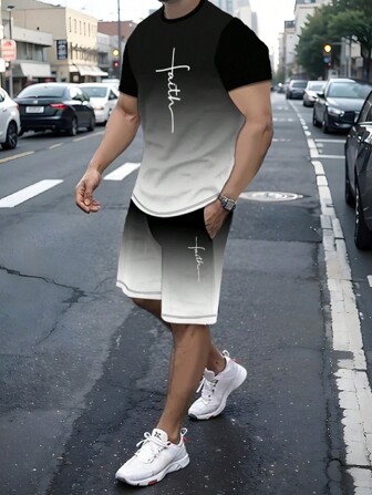 2pcs/Set Men Paris Print Short Sleeve T-Shirt And Drawstring Waist Shorts, Casual Sportswear Regular T-Shirt Top And Pants Suit, Suitable For Spring/Summer As Gift