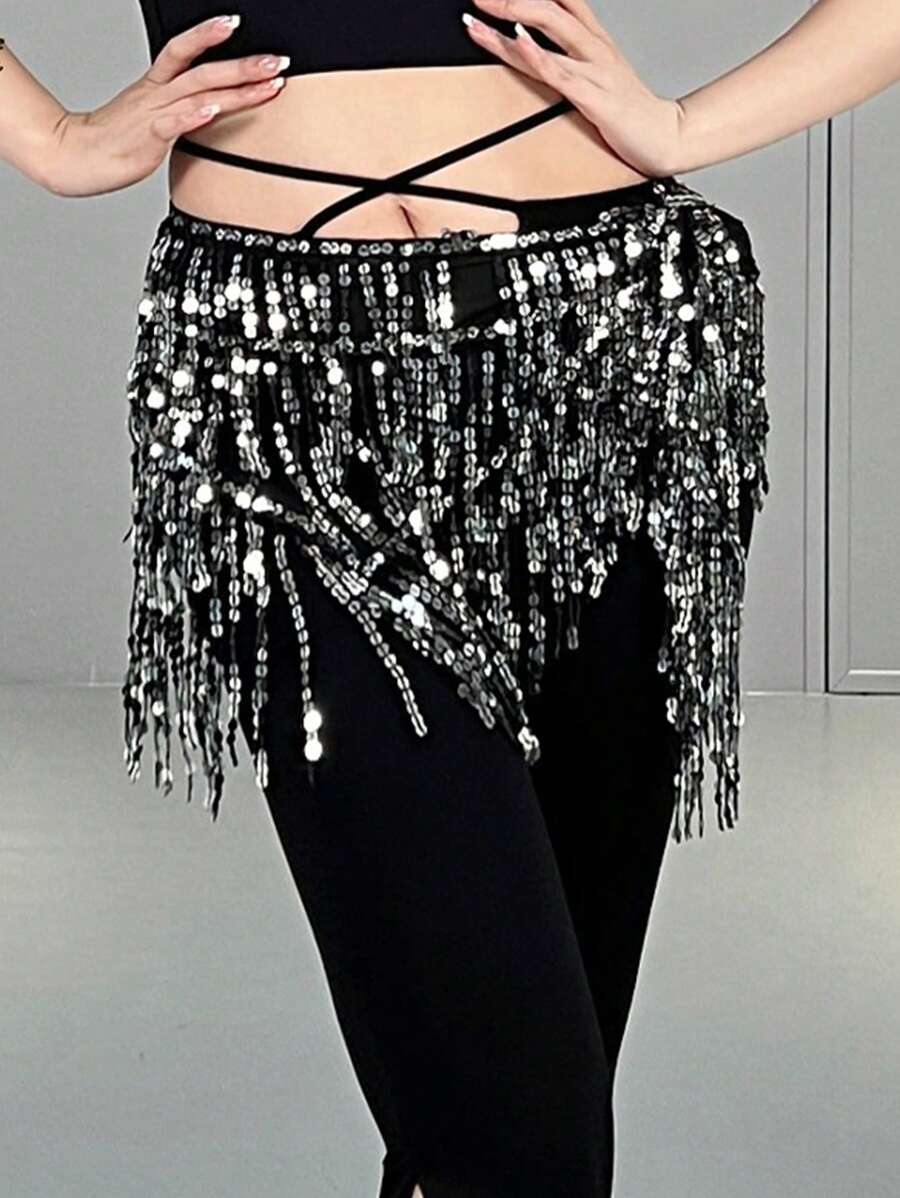 1 pièce Jupe de danse à franges pailletées pour femmes, écharpe de hanche à franges pour danse du ventre, ceinture de taille, jupe à franges pailletées brillantes pour femmes, costume de scène, automne, Halloween - Multicolore - Voir 1