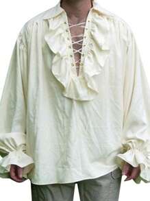 Retro Men's Shirt, Ruffle Lace Up V Neck Long Sleeve Solid Color Cosplay Prince Drama Stage Costume - Beige - View 4