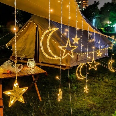 1Set Star & Moon LED Lights, Theme Party Hanging Decorative String Lights, Wedding Background Starry Moon Lights, Party Outdoor Decor Fairy Lights, Suitable For Party Decor, Wedding Room Living Room Bedroom Background Decoration, Mother's Day Atmosphere Arrangement Props (No Battery)