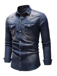 Men's Spring Autumn Casual Shirts Solid Color Long Sleeve Lapel Denim Tops Button Shirts For Party - Rửa tối - Xem 3