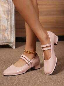 Fashionable Women Shoes, Simple & Versatile Double Buckle Strap Chunky Heels Mary Jane Pumps, Red & Violet Solid Color Ladies Flats