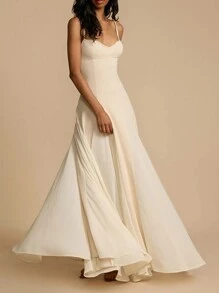 Women Long Dress Solid Color Spaghetti Strap Sleeveless Cami Dress Summer Fashion Big Swing Casual Dress - Màu be - Xem 8