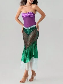 Women's Mermaid Costume Sequin Maxi Skirt Strapless Tube Tops Ruffle Long Tail Cosplay Halloween Party Dress Fancy Dress - Green - View 6
