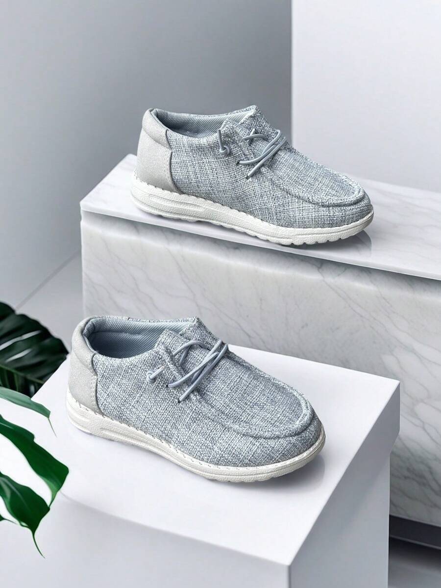 1 双儿童休闲运动鞋，男孩/女孩轻便帆布鞋，带松紧带，低帮运动鞋，时尚透气 - 灰色 - 查看 1