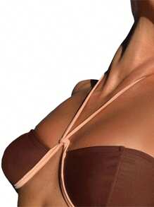 Women 2 Pieces Swimsuit Outfits Solid Color/Contrast Color/Leopard Print Halter Neck Tie-Up Bra And Thong Bottoms Bikini Set