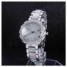 2 pièces/set Style hip-hop mode européenne et américaine Bracelet et montre à quartz pour femmes, cadran orné de strass avec chiffres romains, bracelet en acier inoxydable