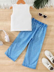 2-częściowy swobodny strój dziewczęcy - bezrękawnik z napisem, sercem i kokardą w połączeniu z dżinsowymi spodniami z nadrukiem w kształcie serca, dziewczęcy modny i wszechstronny strój na co dzień