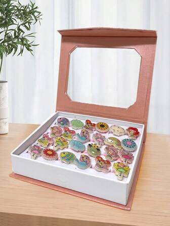 24pcs Toddler Rings Dress Up Play Jewelry No Duplication Adjustable Ring Set Gift For Girls,24PCS In A Beautiful Gift Box.New Random Decor Ring.Children's Ring. Good Gift For Children.The Products Are Shipped In Random Style And Colors.