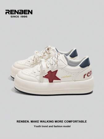 RENBEN 1 Pair Thick Sole White Sneakers For Women, Winter 2023/2024 New Style, Versatile Chunky Platform Star Design, Casual And Height Increasing For Petite
