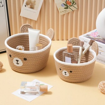 Cesta de almacenamiento de escritorio editada a mano con diseño de dibujos animados lindos para artículos varios, aperitivos, cosméticos, organizador para sala de estar y dormitorio, para volver a la escuela