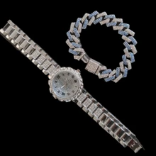 2 pièces/set Style hip-hop mode européenne et américaine Bracelet et montre à quartz pour femmes, cadran orné de strass avec chiffres romains, bracelet en acier inoxydable