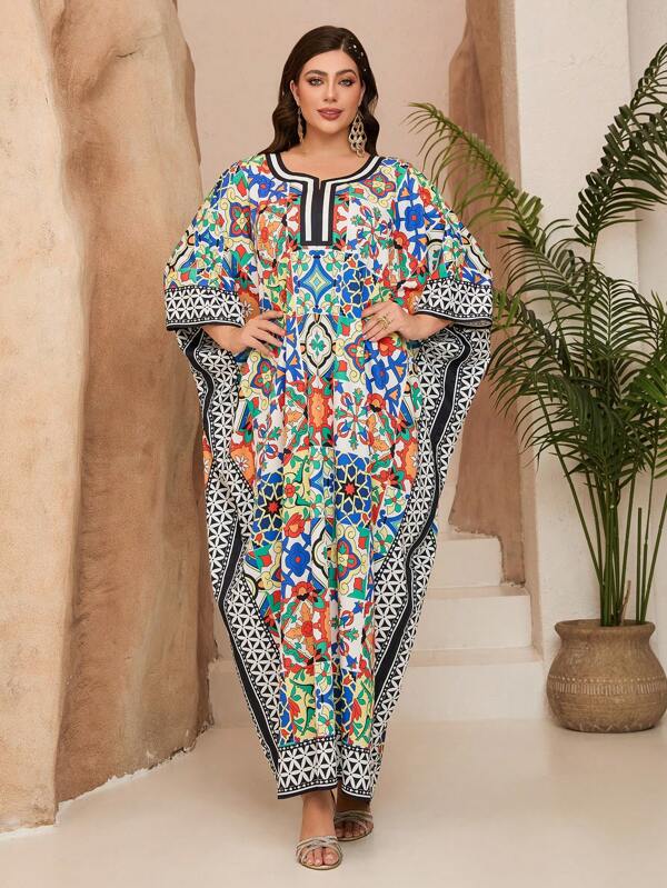 Plus Size Mgiacy-Classy, Nova Chegada, Gola Redonda, Grande Burca Árabe Feminina, Estampa Romântica, Elegante, Robe