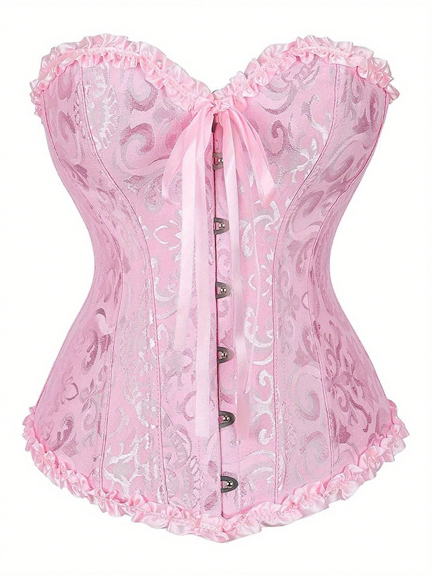 Women Tie Up Overbust Corset, Boned Ruffle Jacquard Bustier With Bow, Body Shaper - Pink - View 1