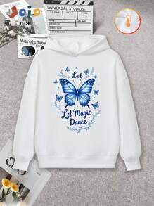 Meisjes herfst en winter Curve oversized drop-shoulder college-stijl zacht en comfortabel sport ronde hals schattig en knap veelzijdig straatfluwelen verdikte warme hoodie, vlinderblauw thema artistiek letterprint dierenpatroon top eenvoudige tekening casual mode creatief grappig trendy mode creatieve casual stijl