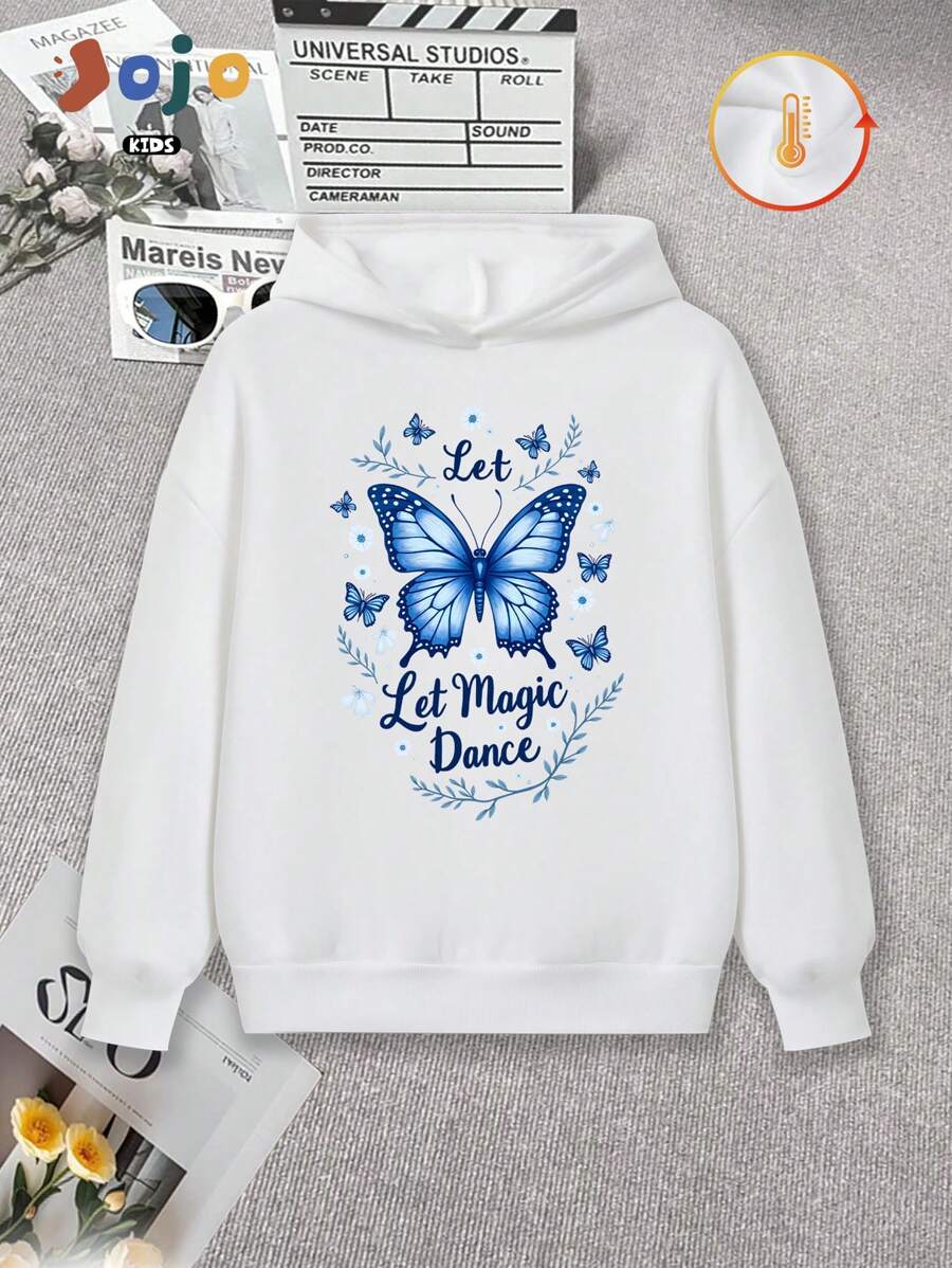 Meisjes herfst en winter Curve oversized drop-shoulder college-stijl zacht en comfortabel sport ronde hals schattig en knap veelzijdig straatfluwelen verdikte warme hoodie, vlinderblauw thema artistiek letterprint dierenpatroon top eenvoudige tekening casual mode creatief grappig trendy mode creatieve casual stijl