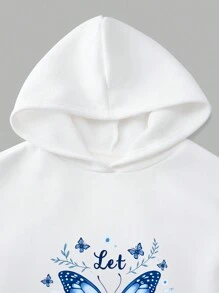 Meisjes herfst en winter Curve oversized drop-shoulder college-stijl zacht en comfortabel sport ronde hals schattig en knap veelzijdig straatfluwelen verdikte warme hoodie, vlinderblauw thema artistiek letterprint dierenpatroon top eenvoudige tekening casual mode creatief grappig trendy mode creatieve casual stijl