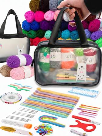 Set completo de 122-134 piezas de ganchillo con bolsa de almacenamiento, adecuado para principiantes en costura DIY, incluye ganchos de ganchillo, hilos (10g/pieza), marcadores de puntos, agujas, etc. - Regalo perfecto para el Día de la Madre, Navidad, cumpleaños para madres y esposas - Juego completo de tejido artesanal DIY (color aleatorio)