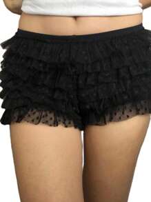 Pantalones cortos de mujer con encaje, volantes, cintura elástica, informales, de verano - Negro - Ver 2