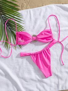 Nuevo conjunto de bikini elegante de fiesta con decoración de concha de unicolor y cordones, traje de baño de moda de playa de verano para mujer