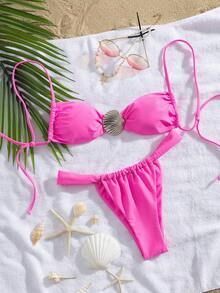 Nuevo conjunto de bikini elegante de fiesta con decoración de concha de unicolor y cordones, traje de baño de moda de playa de verano para mujer