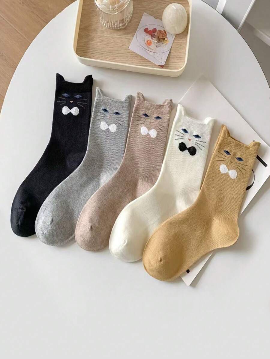 5 双女式可爱卡通猫耳蝴蝶结装饰中筒袜，舒适柔软，吸湿排汗，透气，适合日常穿着、运动、休闲、四季、秋季 - 彩色 - 查看 1