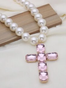 Retro Oversized Pearl Necklace With Big Glass Cross Pendant, Fashion Jewelry For Women, Christmas Gift