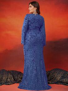 BluePlum 女士高品质弹力亮片修身加大码V领长袖开衩袖优雅奢华正式礼服，适合鸡尾酒会、新娘母亲礼服（重工装饰）