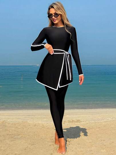 Bikinx Women's Contrast Binding Long Sleeve Modest Elegant Swimwear Set For Beach Vacation Summer