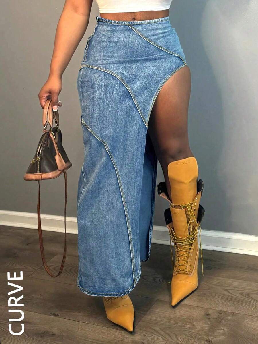 Women Plus Size Elastic Bodycon Sexy Patchwork Side High Split Denim Skirt - Light Wash - View 1