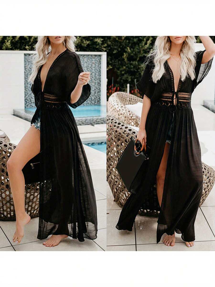 Women Chiffon Kimono Cardigan Lace Long Maxi Dress Beach Dress Swimsuit Beach Poncho Bikini Cover Up - Black - View 1