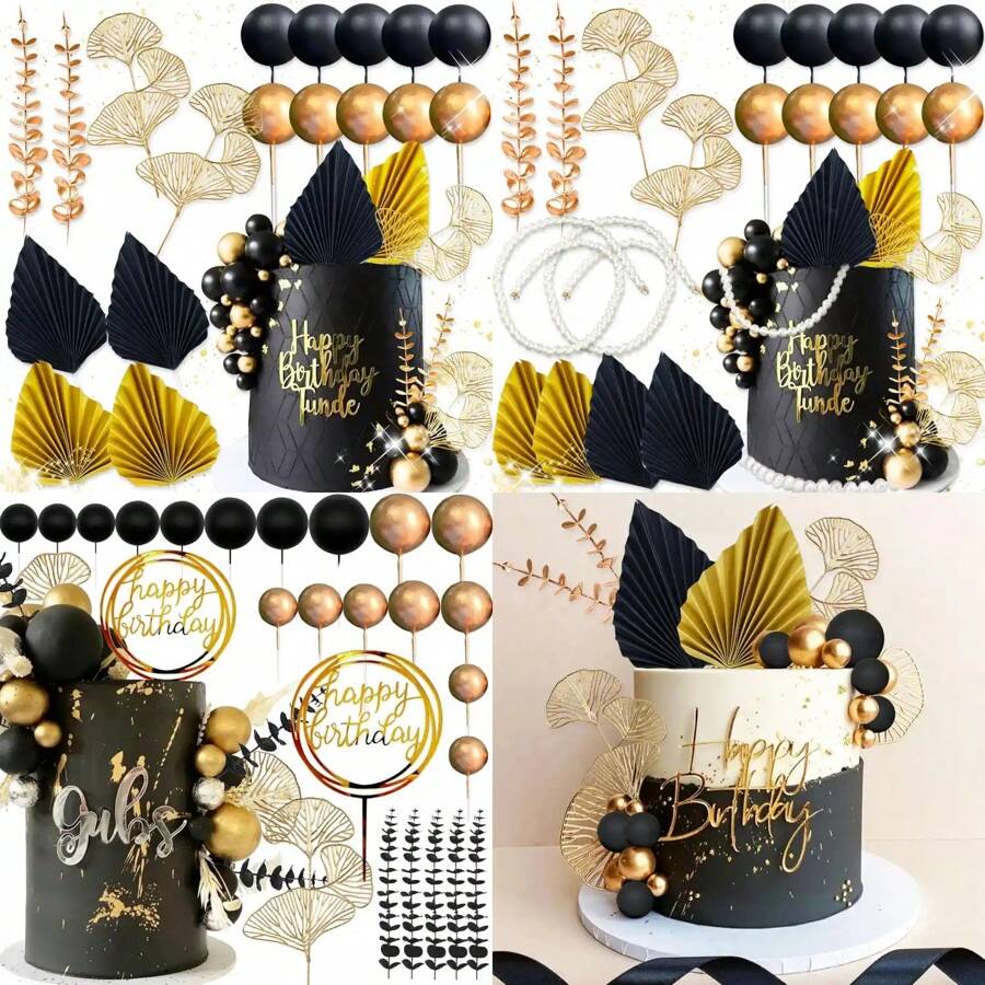 LaVenty Decorațiuni pentru tort cu globuri negre aurii, decorațiuni pentru tort cu foiță de aur, decorațiuni pentru tort cu rochie de bal, decorațiuni pentru tort în stilul anilor '20, articole pentru petreceri în stilul anilor 1920, articole pentru petreceri de Anul Nou