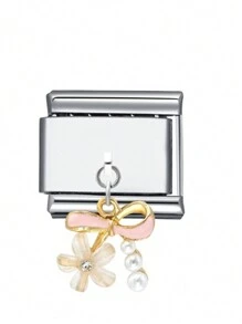 1 件 2025 情人节顶级时尚蝴蝶结、心形花朵流苏 DIY 意大利模块化魅力情侣手链不锈钢珠宝制作配件，适合节日礼物、派对、日常装扮