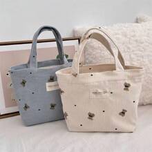 Minimalist Cute Corduroy Bear Handbag, Suitable For Commuting, Work, Outing And Carrying Lunchbox, Perfectly Matching With Fall Outfits Women , Cute , Bow , Kawaii - Multicolor - View 7