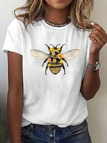 Women's Solid Color Crew Neck Short Sleeve Casual Loose Bee Print T-Shirt - White - View 1
