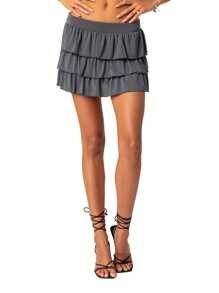 Women's Ruffle Mini Skirts Cute Low Waist Solid Color Layered Ruffle Hem A-Line Skirts Short Skirts - Grey - View 1
